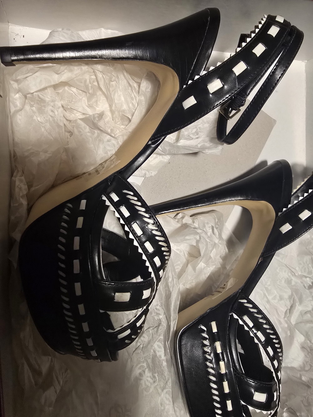 Guess by Marciano Black and White Cutout Stiletto Sandals
